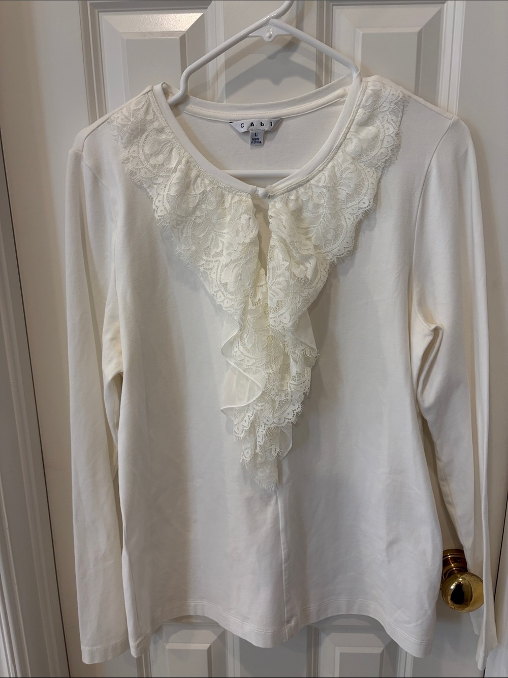CAbi White Lace Ruffle Long-Sleeve Top